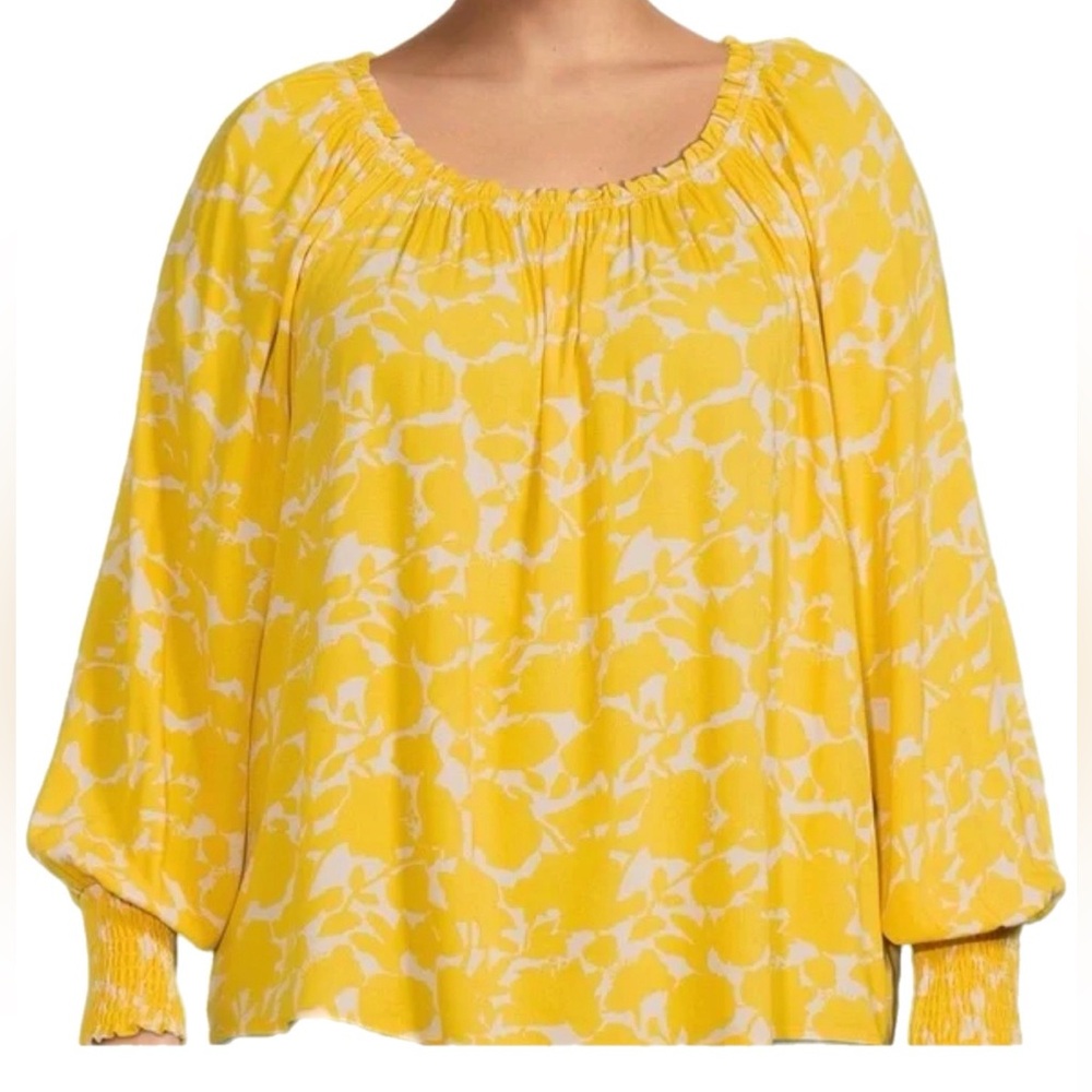 3X (24W-26W) Sunny Yellow Rayon Long Sleeve Blouse - with Smocked Cuffs - New!